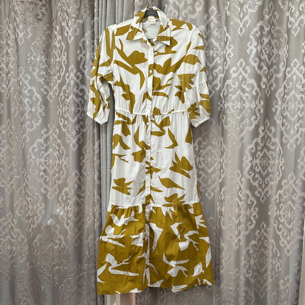 Naoo Floral White and Gold Button-Down Cotton Short Sleeve Dress Size Large